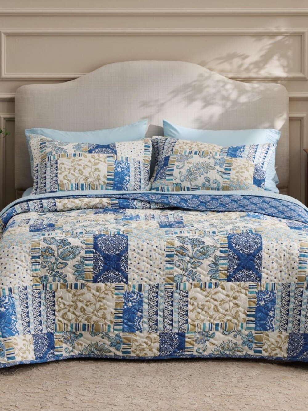 Patchwork Quilt Queen Size, Reversible Boho Comforter Bedding, Blue
